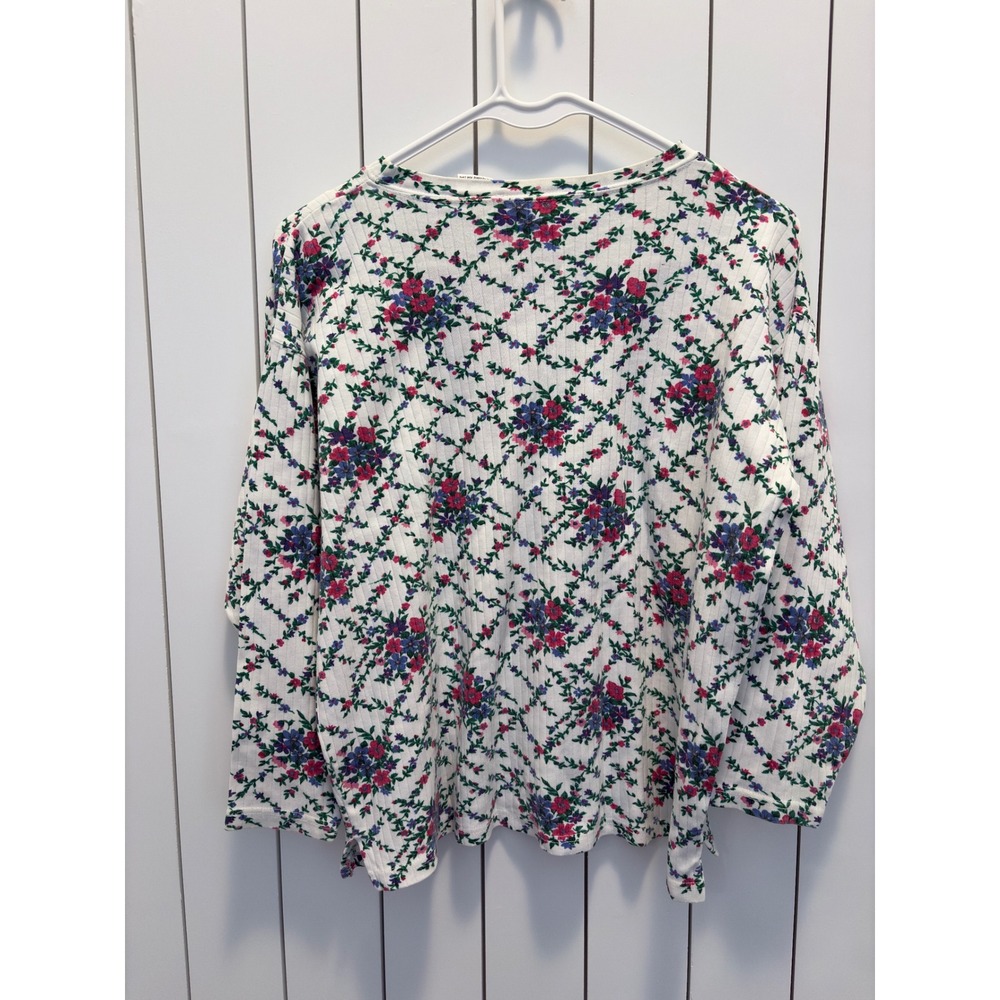 Cape Isle Knitters Floral Top Womens XL White Ribbed Long Sleeve Cottagecore